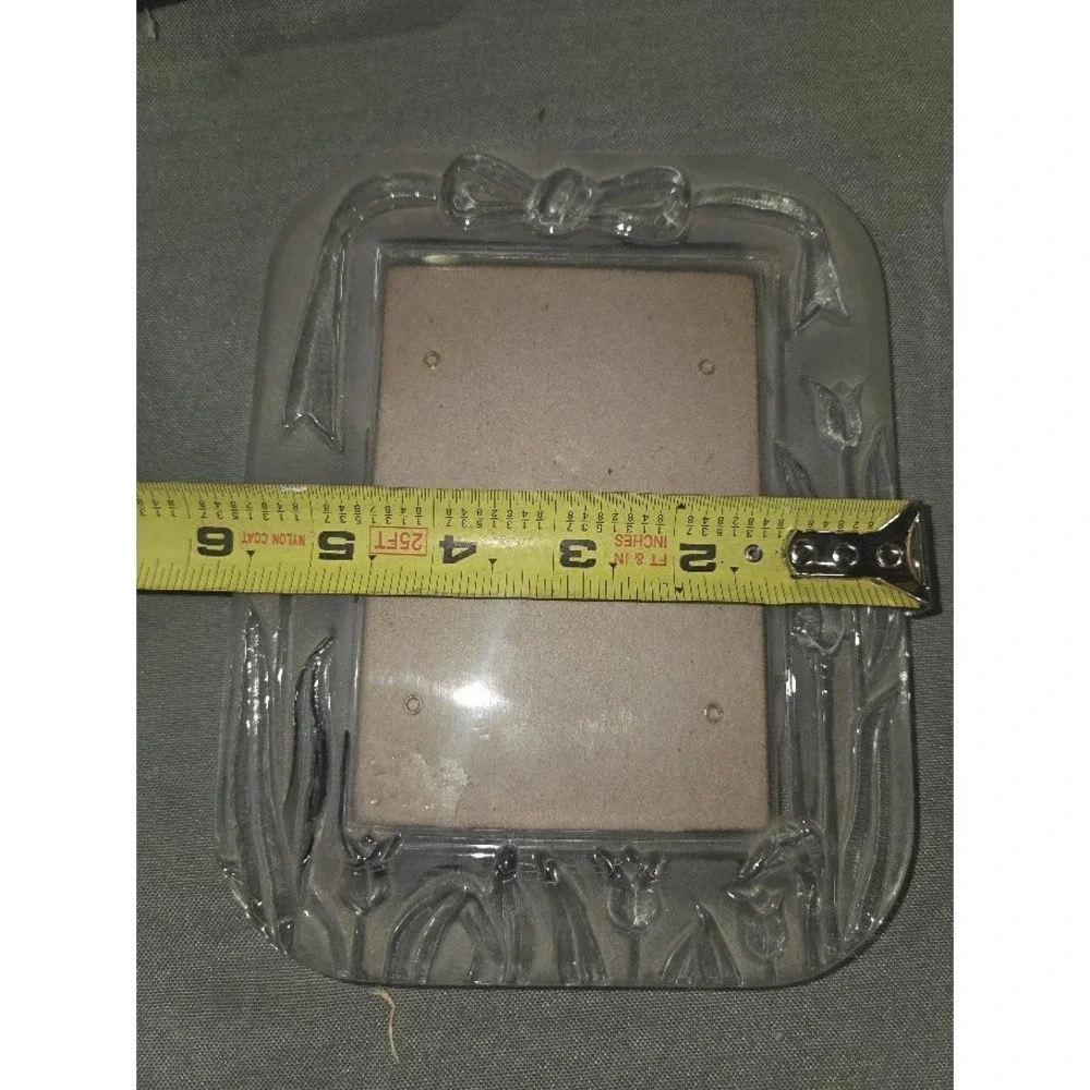 Vintage Frosted Clear Glass Picture Frame Tulip Floral Bow Relief 5x7 6x7.5